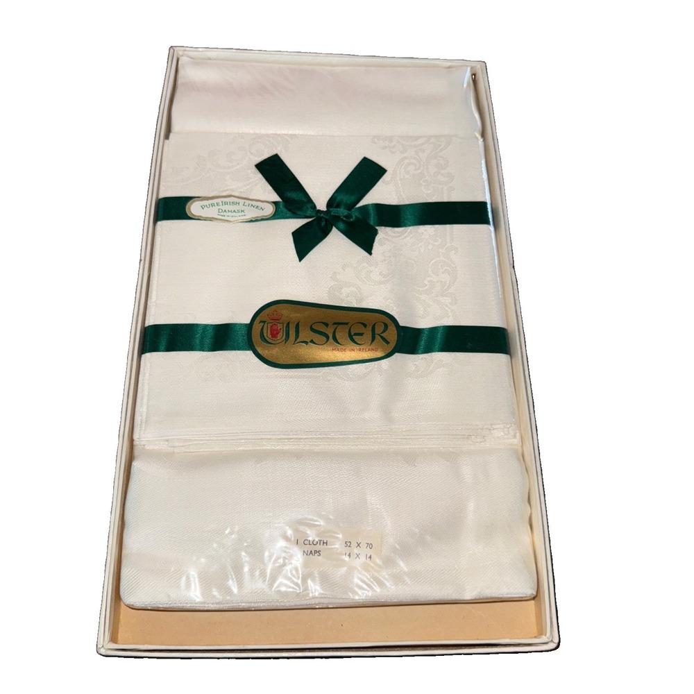 Vtg Ulster Pure Irish Linen Damask Tablecloth 52x70 & 6 Napkins New Sealed Box